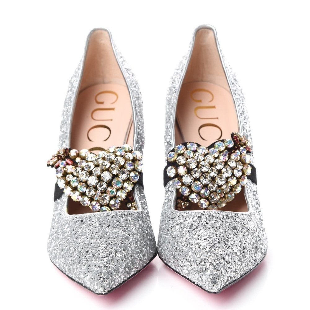 Gucci Argento silver glitter pumps with removable heart crystal detail - Picture 2 of 12